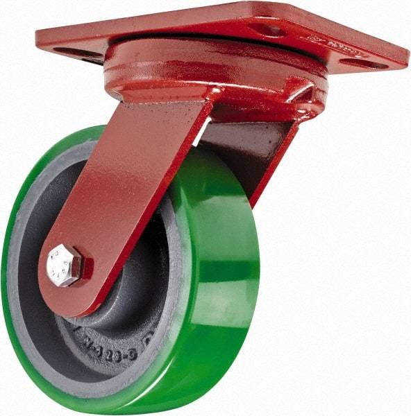 Hamilton - 6" Diam x 2" Wide x 7-3/4" OAH Top Plate Mount Swivel Caster with Brake - Polyurethane, 1,200 Lb Capacity, Sealed Precision Ball Bearing, 4-1/2 x 6-1/2" Plate - Eagle Tool & Supply