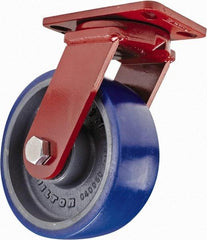 Hamilton - 8" Diam x 3" Wide x 10-1/4" OAH Top Plate Mount Swivel Caster with Brake - Polyurethane, 2,000 Lb Capacity, Sealed Precision Ball Bearing, 4-1/2 x 6-1/2" Plate - Eagle Tool & Supply
