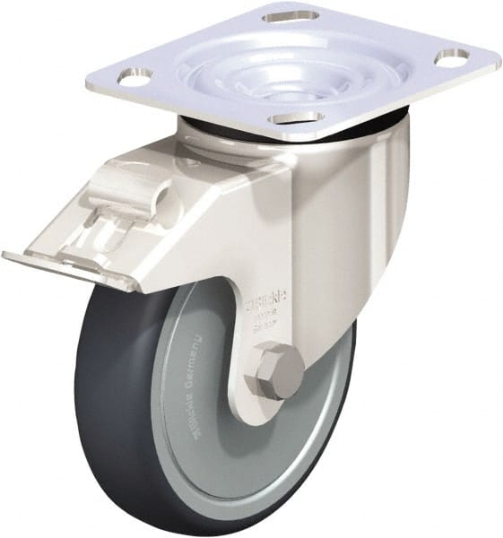 Swivel Top Plate Caster: Rubber, 5″ Wheel Dia, 1-1/4″ Wheel Width, 275 lb Capacity, 6-1/8″ OAH Rubber, 275 Lb Capacity, Ball Bearing, 4 x 4-1/2″ Plate