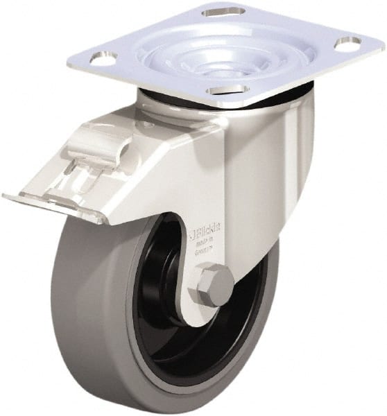 Swivel Top Plate Caster: Rubber, 5″ Wheel Dia, 1-9/16″ Wheel Width, 330 lb Capacity, 6-1/8″ OAH Rubber, 330 Lb Capacity, Ball Bearing, 4 x 4-1/2″ Plate