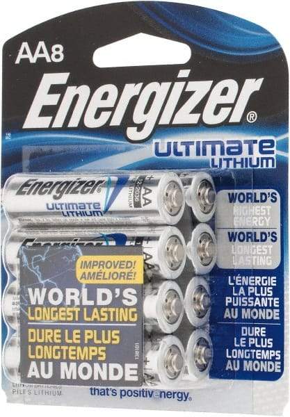 Energizer - Size AA, Lithium, 8 Pack, Photo Battery - 1.5 Volts, Button Tab Terminal, FR6, ANSI, IEC Regulated - Eagle Tool & Supply