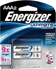 Energizer - Size AAA, Lithium, 2 Pack, Photo Battery - 1.5 Volts, Flat Terminal, FR03, ANSI, IEC Regulated - Eagle Tool & Supply