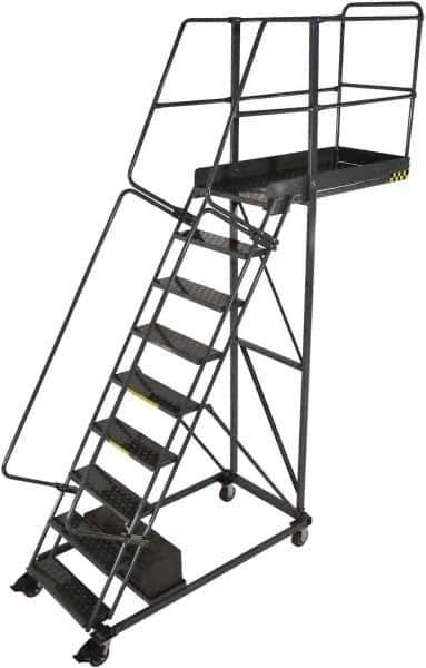 Ballymore - 116" 8 Step Cantilever Ladder - Rolling Safety Ladder, 300 Lb Capacity, 80" Platform Height, 32" Base Width x 65" Base Depth, Serrated - Eagle Tool & Supply