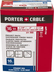 Porter-Cable - 16 Gauge 2-1/2" Long Finishing Nails for Power Nailers - Steel, Galvanized Finish, Smooth Shank, Straight Stick Collation, Chisel Point - Eagle Tool & Supply