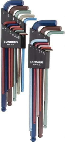 Bondhus - 22 Piece L-Key Ball End Hex Key Set - Hex Range 0.05 to 3/8", 8.4" OAL - Eagle Tool & Supply