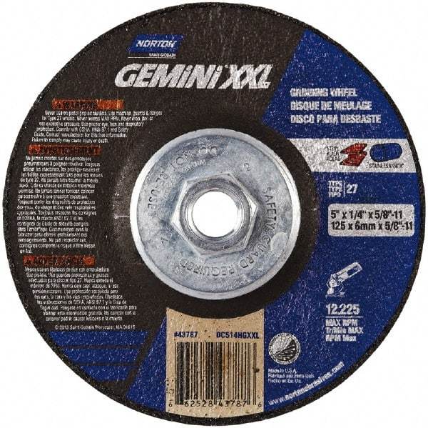 Norton - 24 Grit, 5" Wheel Diam, 1/4" Wheel Thickness, Type 27 Depressed Center Wheel - Aluminum Oxide, 8,600 Max RPM - Eagle Tool & Supply