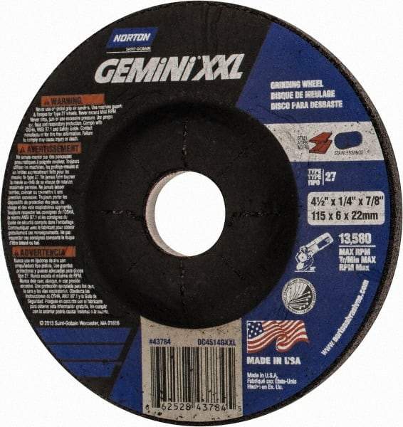 Norton - 24 Grit, 4-1/2" Wheel Diam, 1/4" Wheel Thickness, 7/8" Arbor Hole, Type 27 Depressed Center Wheel - Aluminum Oxide, 13,580 Max RPM - Eagle Tool & Supply