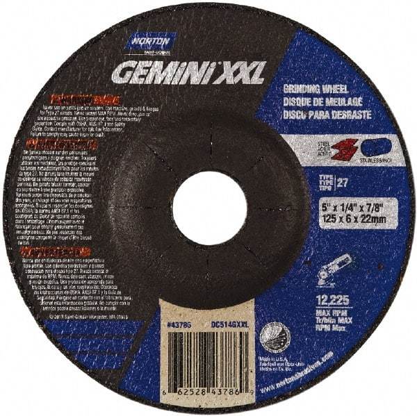 Norton - 24 Grit, 5" Wheel Diam, 1/4" Wheel Thickness, 7/8" Arbor Hole, Type 27 Depressed Center Wheel - Aluminum Oxide, 10,185 Max RPM - Eagle Tool & Supply