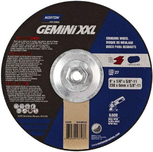 Norton - 24 Grit, 9" Wheel Diam, 1/4" Wheel Thickness, Type 27 Depressed Center Wheel - Zirconia Alumina, 6,600 Max RPM - Eagle Tool & Supply