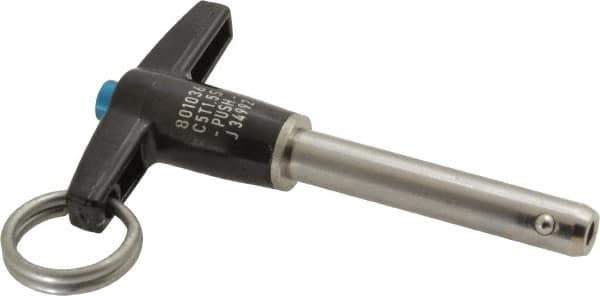 Jergens - 5/16" Diam, 1-1/2" Usable Length, T Handle, Push Button Quick Release Pin - 3-1/8" Overall Length, Grade 17-4 Stainless Steel, Passivated Finish - Eagle Tool & Supply