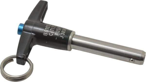 Jergens - 3/8" Diam, 1-1/2" Usable Length, T Handle, Push Button Quick Release Pin - 3-3/8" Overall Length, Grade 17-4 Stainless Steel, Passivated Finish - Eagle Tool & Supply