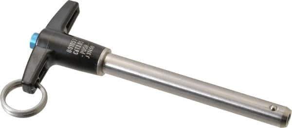 Jergens - 3/8" Diam, 3" Usable Length, T Handle, Push Button Quick Release Pin - 4-7/8" Overall Length, Grade 17-4 Stainless Steel, Passivated Finish - Eagle Tool & Supply