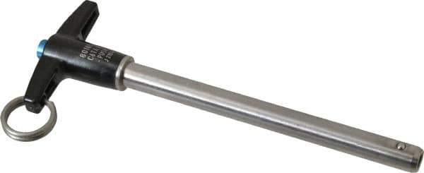 Jergens - 3/8" Diam, 4" Usable Length, T Handle, Push Button Quick Release Pin - 5-7/8" Overall Length, Grade 17-4 Stainless Steel, Passivated Finish - Eagle Tool & Supply