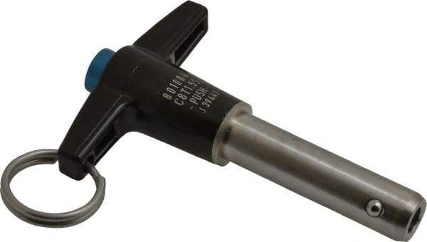 Jergens - 1/2" Diam, 1-1/2" Usable Length, T Handle, Push Button Quick Release Pin - 3-5/8" Overall Length, Grade 17-4 Stainless Steel, Passivated Finish - Eagle Tool & Supply