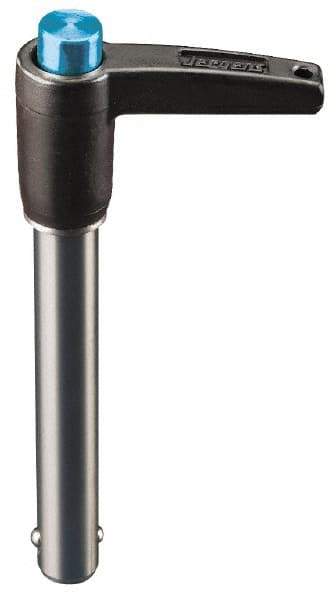 Jergens - 5/8" Diam, 3" Usable Length, L Handle, Push Button Quick Release Pin - 5-1/2" Overall Length, Grade 17-4 Stainless Steel, Passivated Finish - Eagle Tool & Supply