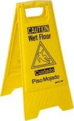 NMC - Caution - Wet Floor, 10-3/4" Wide x 24-5/8" High, Plastic Floor Sign - English/Spanish, A-Frame, Black on Yellow, For Restroom, Janitorial & Housekeeping - Eagle Tool & Supply