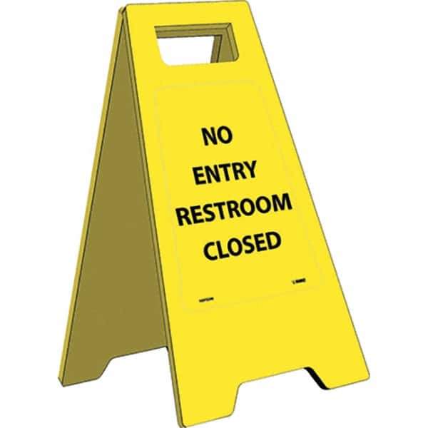 NMC - No Entry - Restroom Closed, 10-3/4" Wide x 24-5/8" High, Plastic Floor Sign - A-Frame, Black on Yellow, For Restroom, Janitorial & Housekeeping - Eagle Tool & Supply