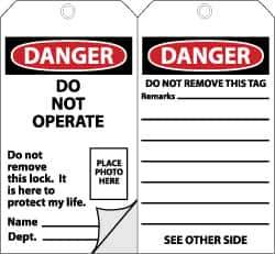 NMC - 3" High x 6" Long, DANGER - DO NOT OPERATE, English Safety & Facility Accident Prevention Tag - Tag Header: Danger, 2 Sides, Black, Red & White Self-Laminated Unrippable Vinyl - Eagle Tool & Supply