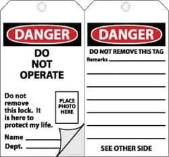 NMC - 3" High x 6" Long, DANGER - DO NOT OPERATE, English Safety & Facility Accident Prevention Tag - Tag Header: Danger, 2 Sides, Black, Red & White Self-Laminated Unrippable Vinyl - Eagle Tool & Supply