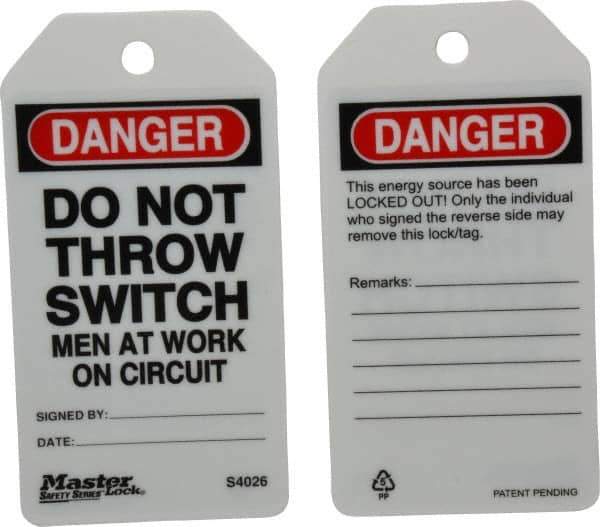 Master Lock - 3" High x 5-3/4" Long, DANGER - DO NOT THROW SWITCH - MEN AT WORK ON CIRCUIT, English Safety & Facility Lockout Tag - Tag Header: Danger, 2 Sides, Black, Red & White Industrial-Grade Polypropylene - Eagle Tool & Supply