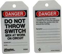 Master Lock - 3" High x 5-3/4" Long, DANGER - DO NOT THROW SWITCH - MEN AT WORK ON CIRCUIT, English Safety & Facility Lockout Tag - Tag Header: Danger, 2 Sides, Black, Red & White Industrial-Grade Polypropylene - Eagle Tool & Supply