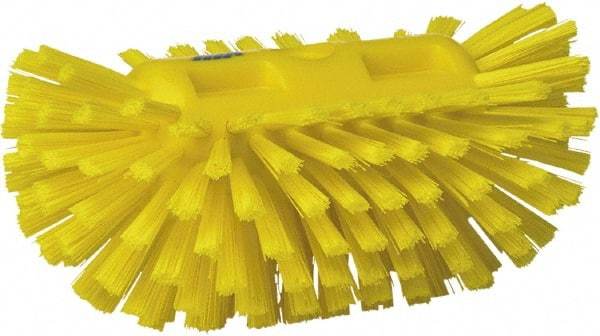 Vikan - 1-1/2" Bristle Length, Polyester Utility Scrub Brush - 5-1/2" Wide Head, 8" OAL, European Threaded Handle, Yellow, Polypropylene Block - Eagle Tool & Supply