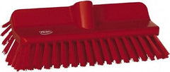 Vikan - 1-1/2" Bristle Length, Polyester Cleaning & Finishing Brush - 9-5/8" Long x 5" Wide Head, 10" OAL, European Threaded Handle, Red, Polypropylene Block - Eagle Tool & Supply