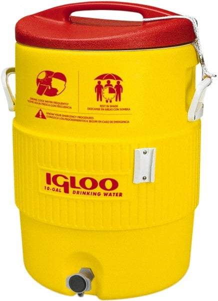 Igloo - 10 Gal Beverage Cooler - Plastic, Yellow/Red - Eagle Tool & Supply