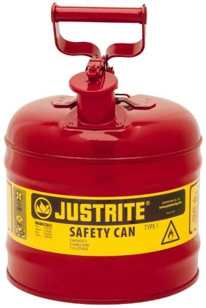 Justrite - 2 Gal Galvanized Steel Type I Safety Can - 13-3/4" High x 9-1/2" Diam, Red with Yellow - Eagle Tool & Supply