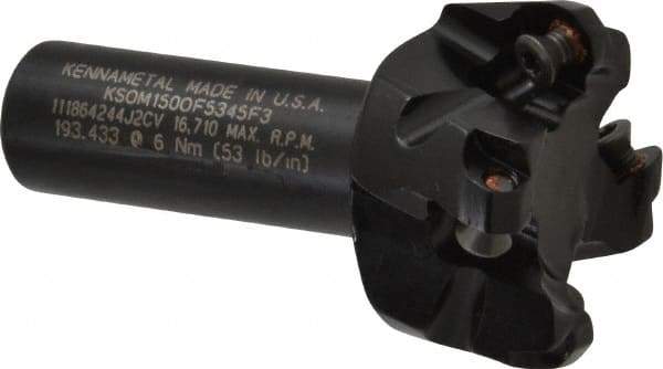 Kennametal - 47° Lead Angle, 1.8560" Max Cut Diam, 1-1/2" Min Cut Diam, 0.138" Max Depth of Cut, Indexable Chamfer & Angle End Mill - 4 Inserts, OF.T 53AF.N.. Insert Style, 77.4mm OAL, Straight Shank - Eagle Tool & Supply