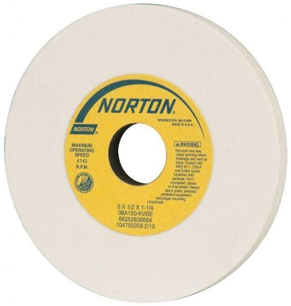Norton - 6" Diam x 1-1/4" Hole x 1/2" Thick, K Hardness, 120 Grit Surface Grinding Wheel - Aluminum Oxide, Type 1, Fine Grade, 4,140 Max RPM, Vitrified Bond, No Recess - Eagle Tool & Supply