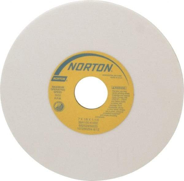 Norton - 7" Diam x 1-1/4" Hole x 1/8" Thick, K Hardness, 100 Grit Surface Grinding Wheel - Aluminum Oxide, Type 1, Fine Grade, 3,550 Max RPM, Vitrified Bond, No Recess - Eagle Tool & Supply