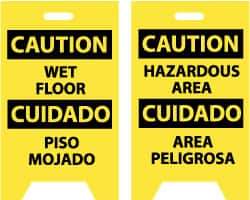 NMC - Caution - Wet Floor, Caution - Hazardous Area, 12" Wide x 20" High, Plastic Floor Sign - English/Spanish, A-Frame, Black on Yellow, For Restroom, Janitorial & Housekeeping - Eagle Tool & Supply