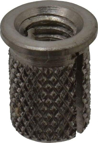 E-Z LOK - #10-32 UNF Grade 303 Stainless Steel Flanged Press Fit Threaded Insert for Plastic - 3/8" OAL, 0.262" Insert Diam, 1/4" Hole Diam, 1/4" Drill - Eagle Tool & Supply