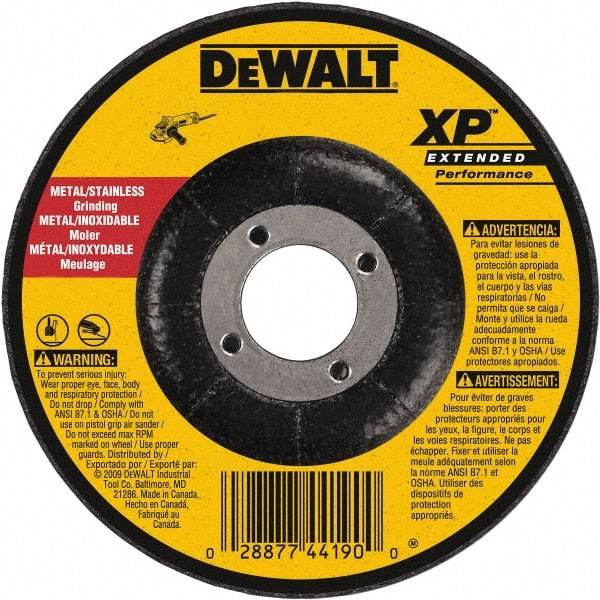 DeWALT - 24 Grit, 5" Wheel Diam, 1/4" Wheel Thickness, 7/8" Arbor Hole, Type 27 Depressed Center Wheel - Zirconia Alumina, Resinoid Bond, 12,200 Max RPM, Compatible with Angle Grinder - Eagle Tool & Supply
