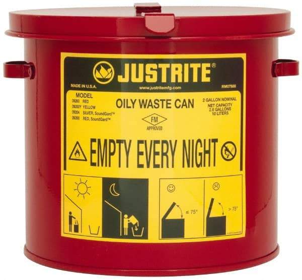 Justrite - 2 Gallon Capacity, Galvanized Steel Oily Waste Can - 9-5/8 Inch Wide/Diameter x 9-1/8 Inch High, Red, Hand Operated, Approved FM - Eagle Tool & Supply