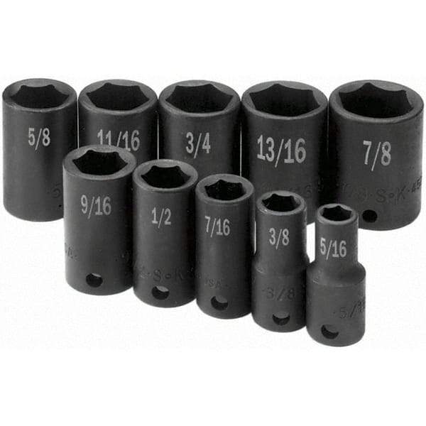 SK - 3/8" Drive Semi-Deep Impact Socket Set - 5/16 to 7/8", Inch Measurement Standard - Eagle Tool & Supply