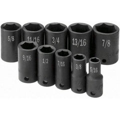 SK - 3/8" Drive Semi-Deep Impact Socket Set - 5/16 to 7/8", Inch Measurement Standard - Eagle Tool & Supply