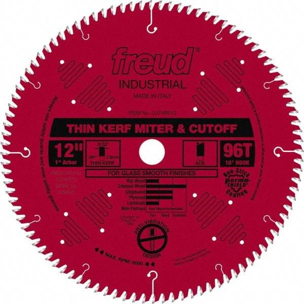 Freud - 12" Diam, 1" Arbor Hole Diam, 96 Tooth Wet & Dry Cut Saw Blade - Carbide-Tipped, Standard Round Arbor - Eagle Tool & Supply