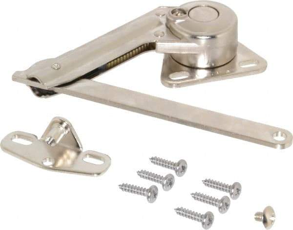 Sugatsune - 8-1/2" OAL x 7/8" Wide, 60 Lb/Inch Capacity, Adjustable Soft Down Stay - Left Side, 5mm Mounting Hole Diam, 90° Max Opening, Nickel Plated Steel & Zinc Alloy - Eagle Tool & Supply
