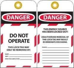 NMC - 3" High x 6" Long, DANGER - DO NOT OPERATE - THIS LOCK/TAG MAY ONLY BE REMOVED BY:, English Safety & Facility Lockout Tag - Tag Header: Danger, 2 Sides, Black, Red & White Unrippable Vinyl - Eagle Tool & Supply