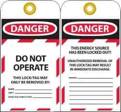 NMC - 3" High x 6" Long, DANGER - DO NOT OPERATE - THIS LOCK/TAG MAY ONLY BE REMOVED BY:, English Safety & Facility Lockout Tag - Tag Header: Danger, 2 Sides, Black, Red & White Unrippable Vinyl - Eagle Tool & Supply