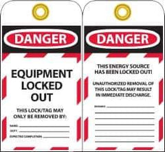 NMC - 3" High x 6" Long, DANGER - EQUIPMENT LOCKED OUT - THIS LOCK/TAG MAY ONLY BE REMOVED BY:, English Safety & Facility Lockout Tag - Tag Header: Danger, 2 Sides, Black, Red & White Unrippable Vinyl - Eagle Tool & Supply