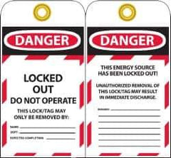 NMC - 3" High x 6" Long, DANGER - LOCKED OUT - DO NOT OPERATE - THIS LOCK/TAG MAY ONLY BE REMOVED BY:, English Safety & Facility Lockout Tag - Tag Header: Danger, 2 Sides, Black, Red & White Unrippable Vinyl - Eagle Tool & Supply