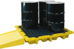 Eagle - 66 Gal Sump, 6,000 Lb Capacity, 4 Drum, Polyethylene Spill Deck or Pallet - 58-1/2" Long x 58-1/2" Wide x 13.43" High, Yellow, Liftable Fork, Drain Included, Low Profile, Vertical, 2 x 2 Drum Configuration - Eagle Tool & Supply