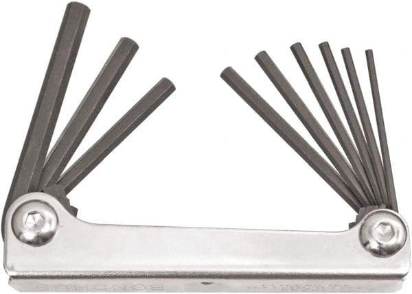 Bondhus - 9 Piece Fold-Up Hex Key Set - Hex Range 5/64 to 1/4", 6.63" OAL, Protanium High Torque Steel - Eagle Tool & Supply