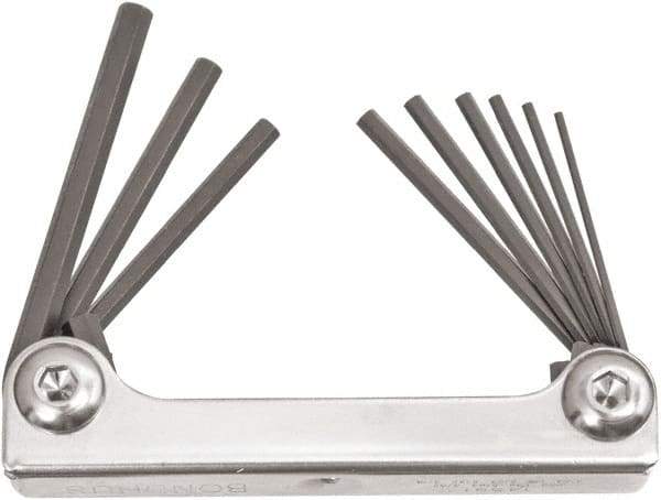 Bondhus - 9 Piece Fold-Up Ball End Hex Key Set - Hex Range 0.05 to 3/16", 4" OAL, Protanium High Torque Steel - Eagle Tool & Supply