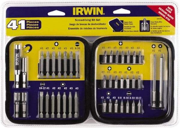 Irwin - 41 Piece, 1/4" Drive Screwdriver Bit Set - #1 to #3 Phillips, 0.05 to 1/4" Hex, 1.27 to 10mm Hex, #1 to #3 Square Recess - Eagle Tool & Supply