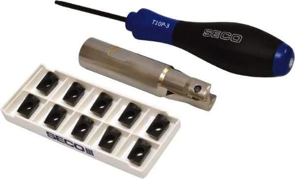 Seco - 3/4" Cut Diam, 0.433" Max Depth of Cut, 3/4" Shank Diam, 3.38" OAL, Indexable Square Shoulder End Mill - XO.X 1204.. Inserts, Weldon Shank, 90° Lead Angle, Through Coolant, Series Super Turbo - Eagle Tool & Supply