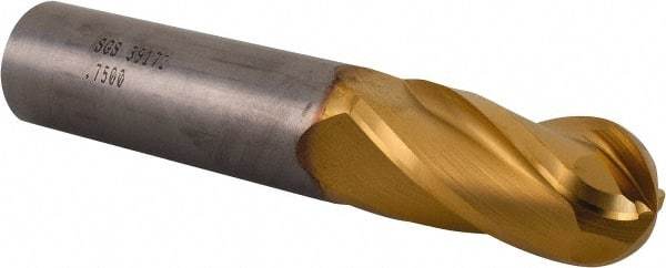 SGS - 3/4" Diam, 1-1/2" LOC, 4 Flute Solid Carbide Ball End Mill - TiN Finish, Single End, 4" OAL, 3/4" Shank Diam, Spiral Flute - Eagle Tool & Supply